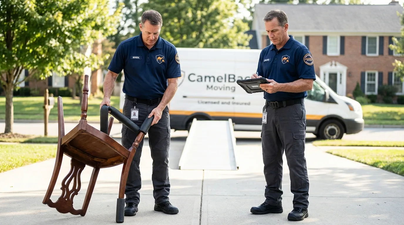 Movers inspecting furniture for damage prevention before loading in Toccoa, GA